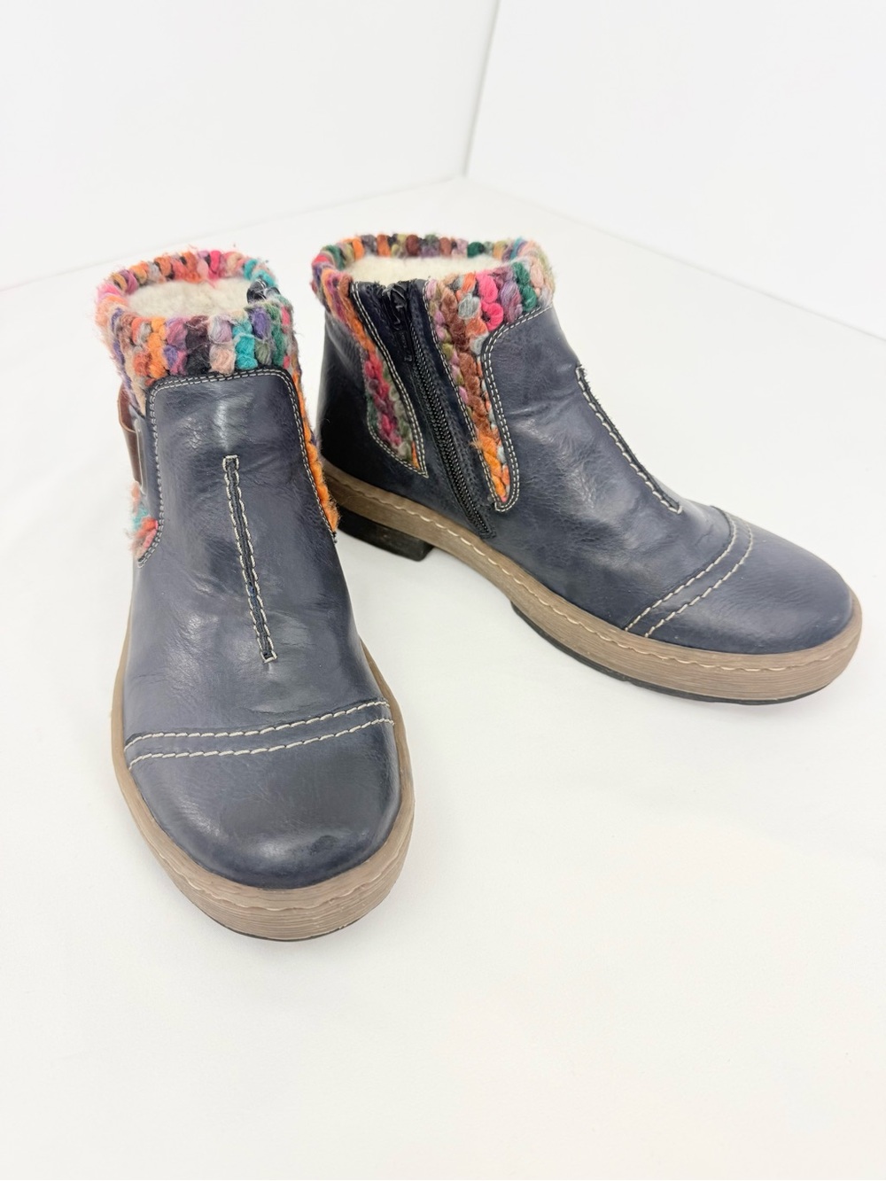Rieker FELICITAS Ocean Blue Leather Multicolor Yarn Wool Fleece Zip Ankle Boots - Picture 5 of 16